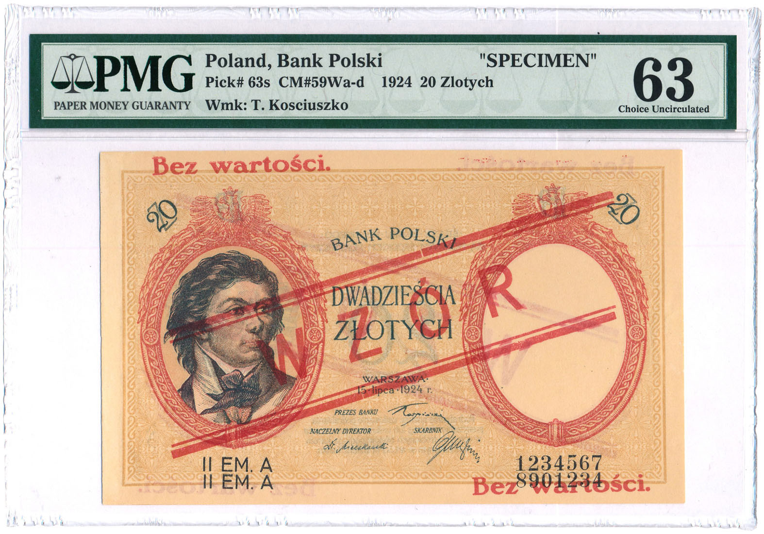 WZÓR 20 złotych 1924 Kościuszko II EM. A PMG 63 - PIĘKNY - RZADKOŚĆ R6